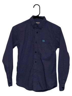 Cinch Boys Medium Navy Teal Geometric Print Western Button Down Shirt Youth Long